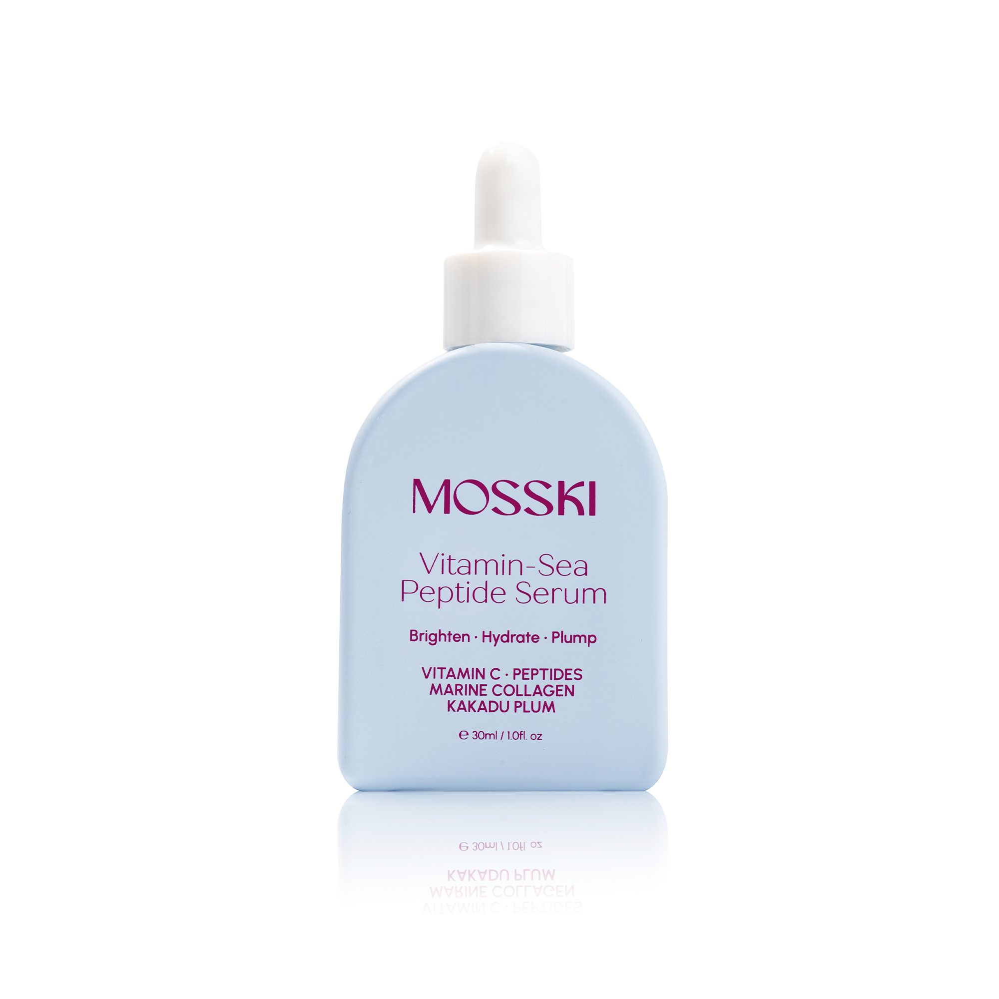 Mosski Vitamin-Sea Peptide Serum bottle, a 20% vitamin C and sea moss brightening serum