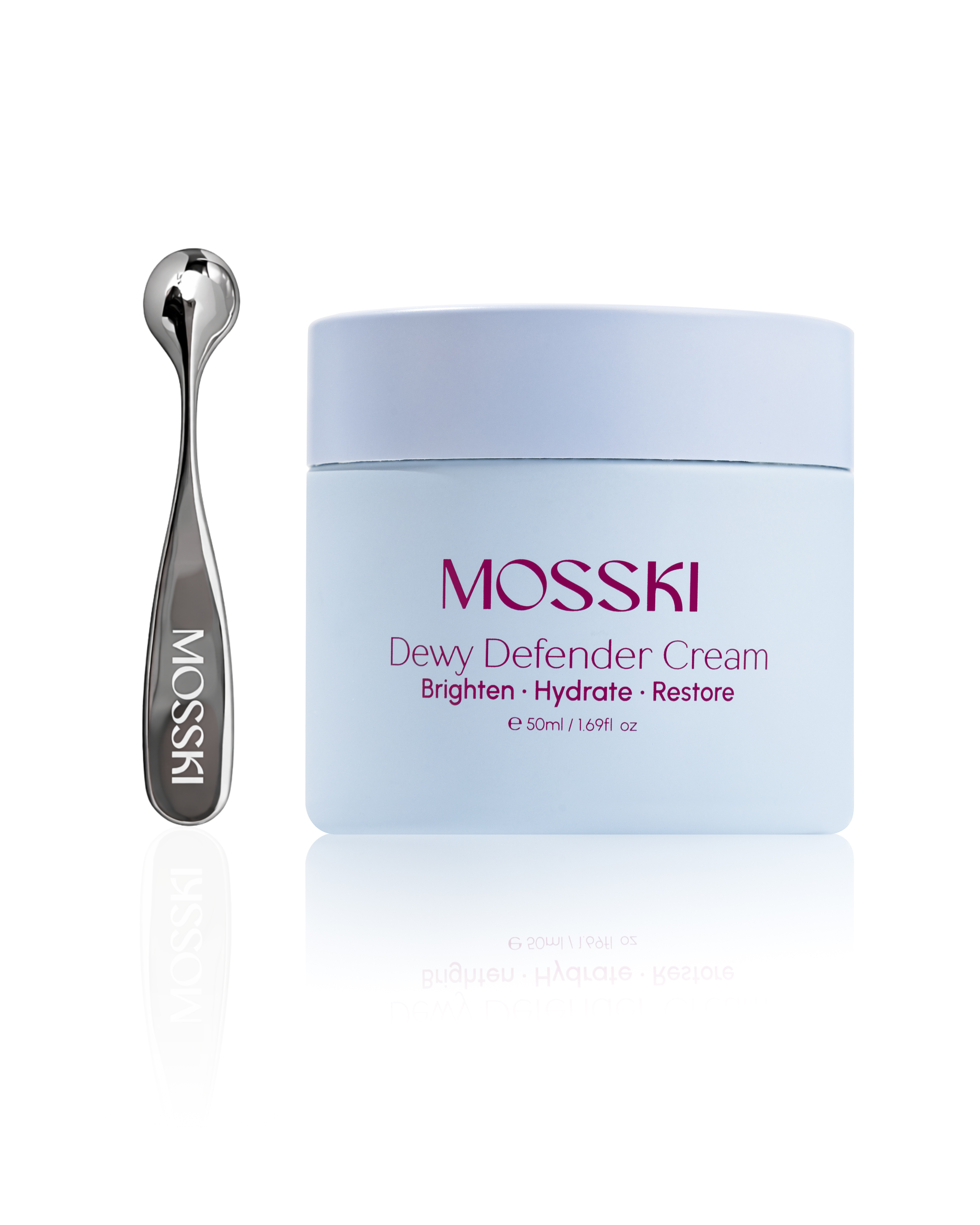 Mosski Dewy Defender Cream jar with applicator, a sea moss and 5% ceramide barrier moisturiser
